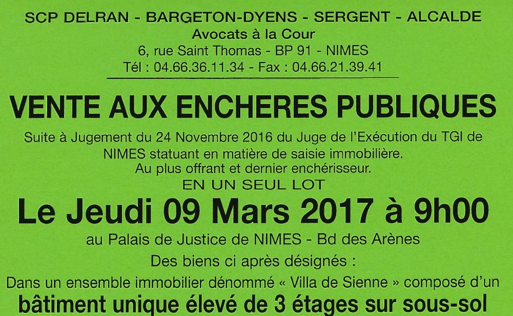 VENTES AUX ENCHERES -  Bâtiment situé à Nîmes - 09/03/2017 au Palais de Justice de Nîmes